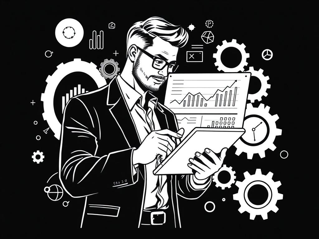 A high-quality illustration that showcases a performance engineering strategy concept. The image features a black background to convey brand trust. The subject matter includes a confident business professional analyzing data on a digital tablet, surrounded by visual elements like graphs, charts, and gears, symbolizing strategy and engineering. The composition is simple and clear, focusing on the professional and the data, with a sleek and modern aesthetic.
