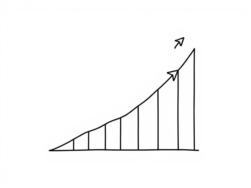 Minimalist illustration of an upward-trending graph with arrows and icons representing sales, marketing, and customer engagement on a white background.