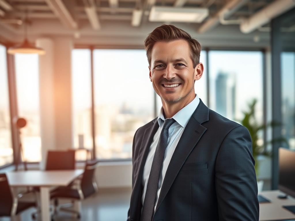 A high-resolution photo of a handsome, fit, middle-aged Caucasian male in a business suit, exuding confidence and happiness, standing in a modern office environment. The background should include contemporary office furniture and a large window showing a cityscape. The lighting should be bright and inviting, emphasizing a professional yet approachable atmosphere.