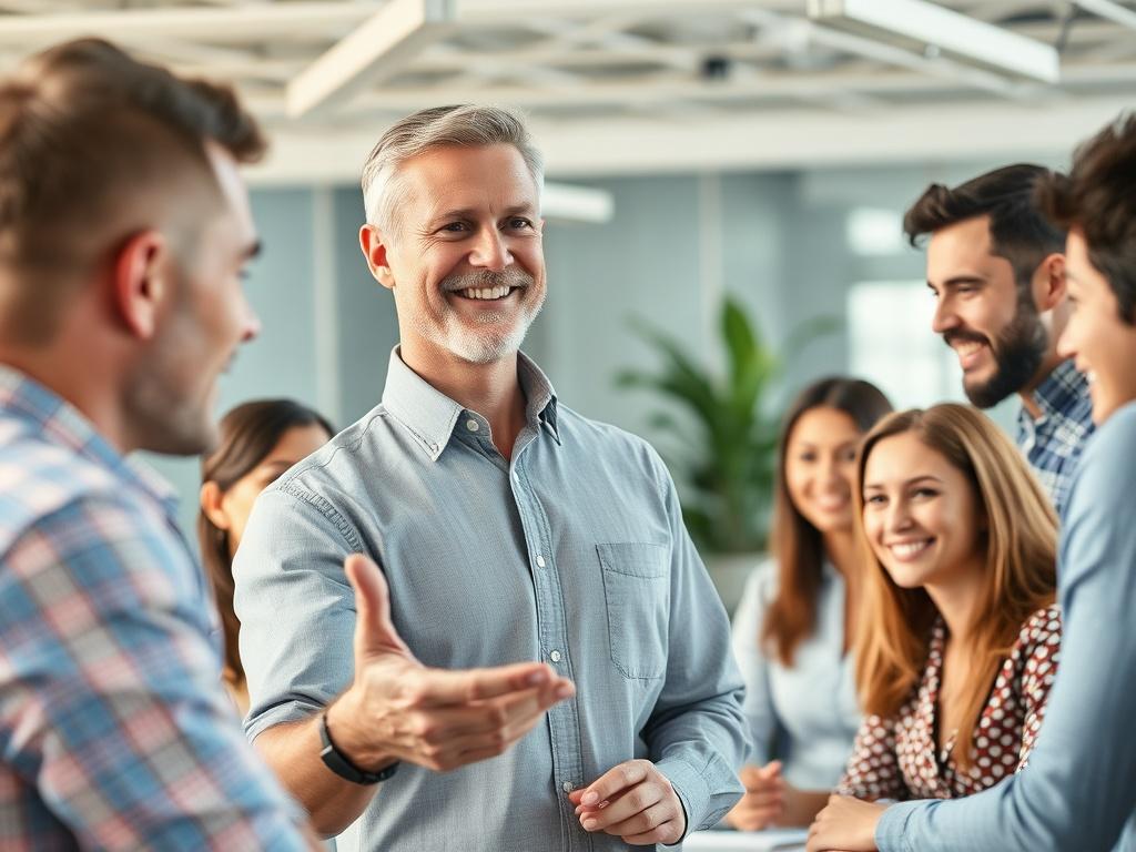 An adult white male in his 40s-50s, looking fit and happy, presenting a lead generation framework to a diverse audience in a modern office environment. The setting is bright and professional, emphasizing collaboration. Include close-up shots of engaged team members, showcasing a variety of ages and demographics.
