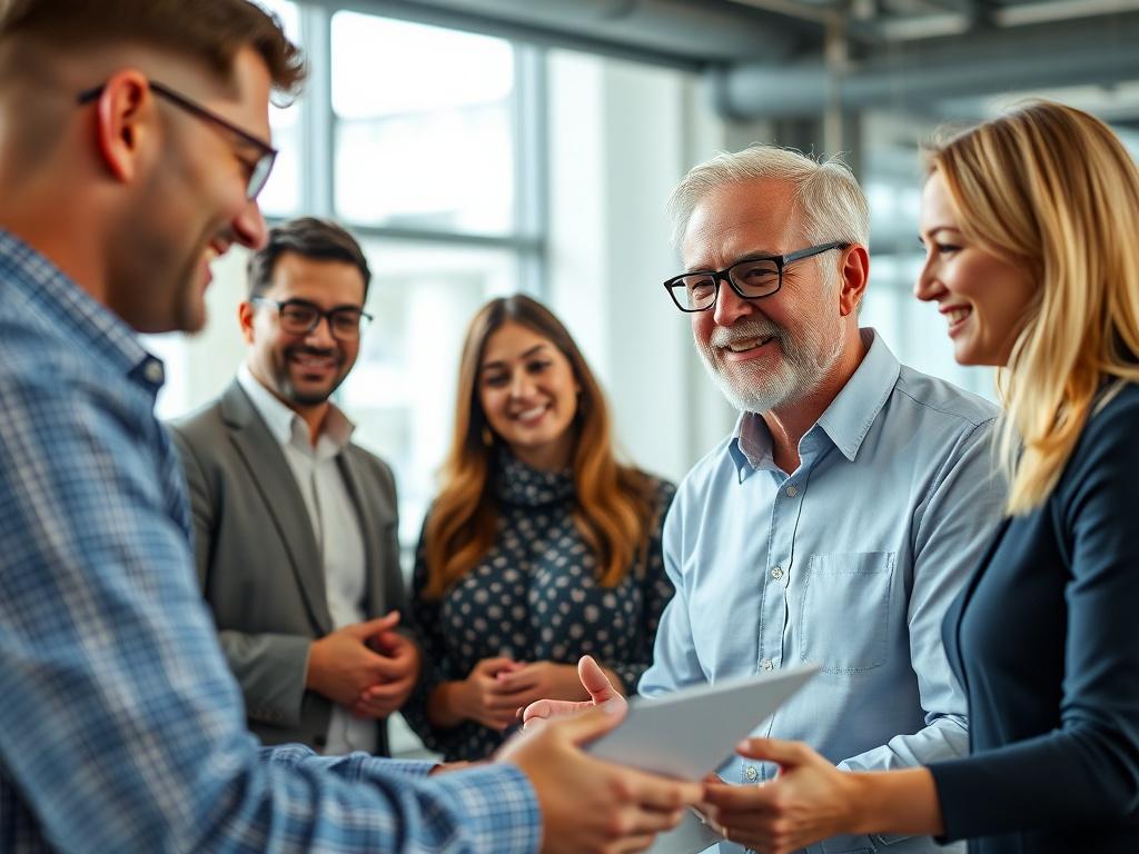 A fit and happy adult white male in his 40s-50s, dressed in business casual attire, discussing marketing strategies with a diverse team in a bright office setting. The environment is modern and clean, showcasing collaboration and engagement. Include a close-up of the team dynamics, with a Caucasian female in her 35-50s as CMO actively contributing to the discussion.