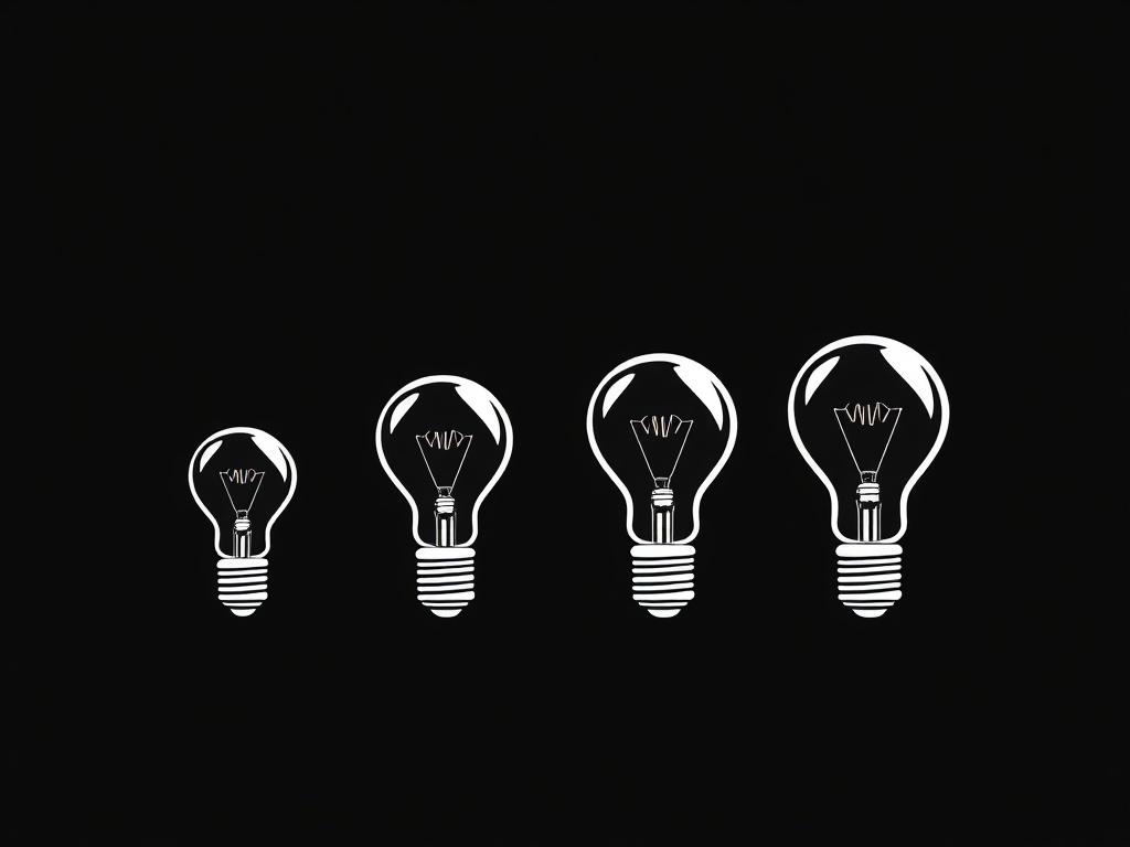 A series of lightbulbs illustrated in a crisp, solid black line drawing style, positioned from left to right. The lightbulbs should increase in size as they move from left to right, symbolizing growth and ideas expanding. The background should be solid black to create a striking contrast, emphasizing the lightbulbs. The composition should be simple and clear, focusing solely on the lightbulbs without any additional elements.
