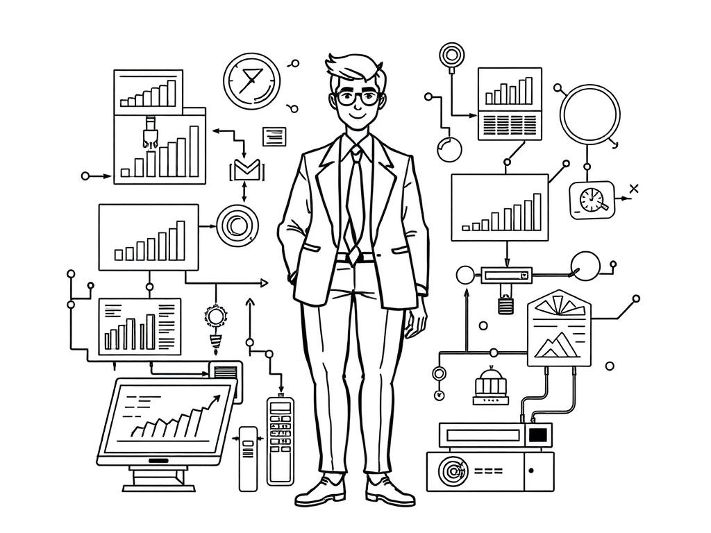 A high-quality illustration depicting the integration of AI in sales and marketing. The composition should feature a central figure, a confident professional, surrounded by various digital elements representing sales and marketing tools, such as charts, graphs, and automated systems. The background should be simple and minimalistic to emphasize the subject. The style should be crisp, solid black line drawing, compatible with the #CFB07C primary color.