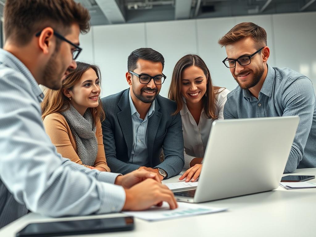 A close-up shot of a diverse team of marketing experts collaborating at a modern office desk. They are engaged in a discussion around a laptop with graphs and data on the screen. The background is minimalist and stylish, reflecting a high-tech environment. Soft lighting enhances the focus on the team members, showcasing their expressions of concentration and teamwork.