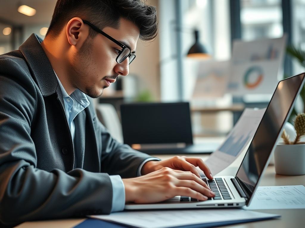 A hyper-realistic close-up of a digital marketing expert working on a laptop, surrounded by visible data analytics charts and content drafts. The setting is a bright, modern office, emphasizing productivity and technology. The focus is on the individual, showcasing determination and creativity.
