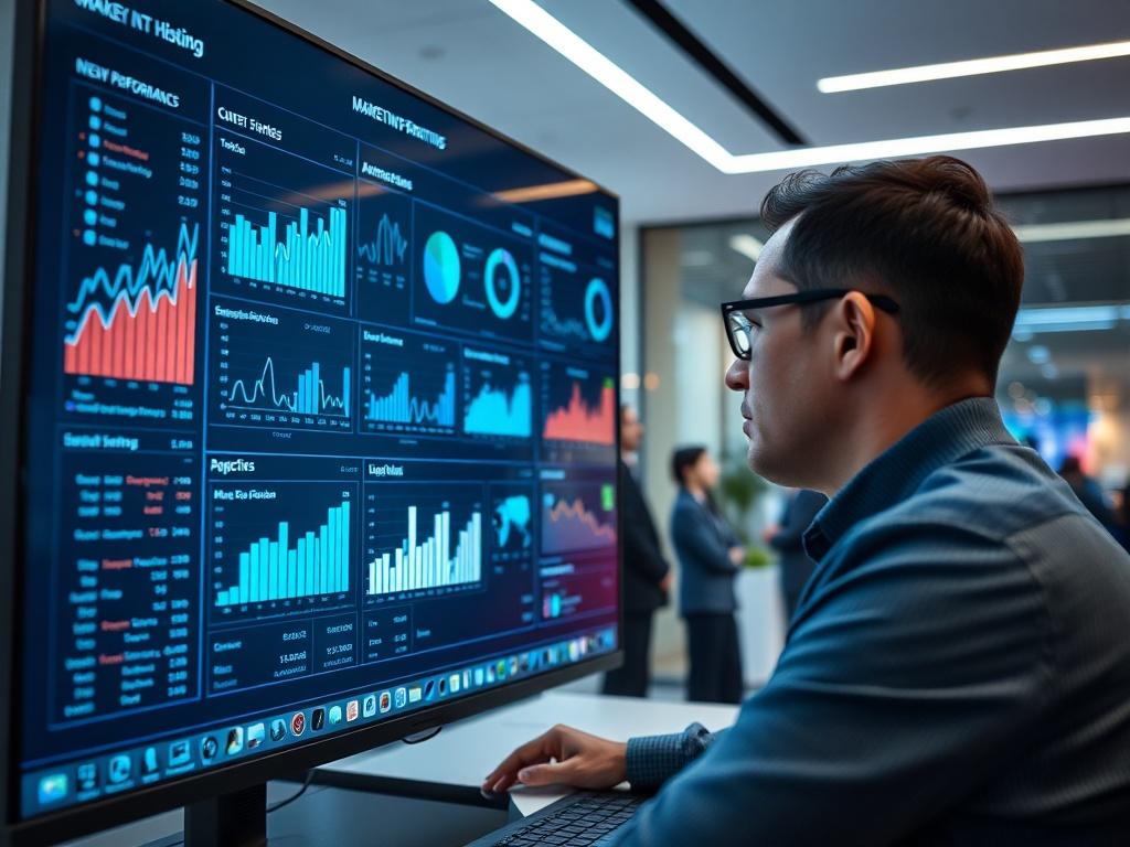 A close-up shot of an analyst reviewing data on a large screen in a sleek, modern office. The screen displays various marketing performance metrics and graphs. The atmosphere is one of focus and analytics, with ambient lighting enhancing the technology-driven environment.