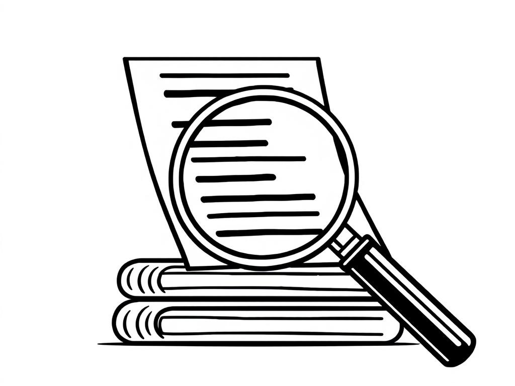 A high-quality illustration depicting a process step focused on conversation analysis of data. The image should show a stylized representation of data transcripts being examined, with a clear emphasis on the absence of human interaction. The composition should be simple and clean, featuring only a single idea: a magnifying glass hovering over a stack of transcripts. The design should be rendered in crisp, solid black line drawing style, suitable for a high-contrast black and white theme. The background shou