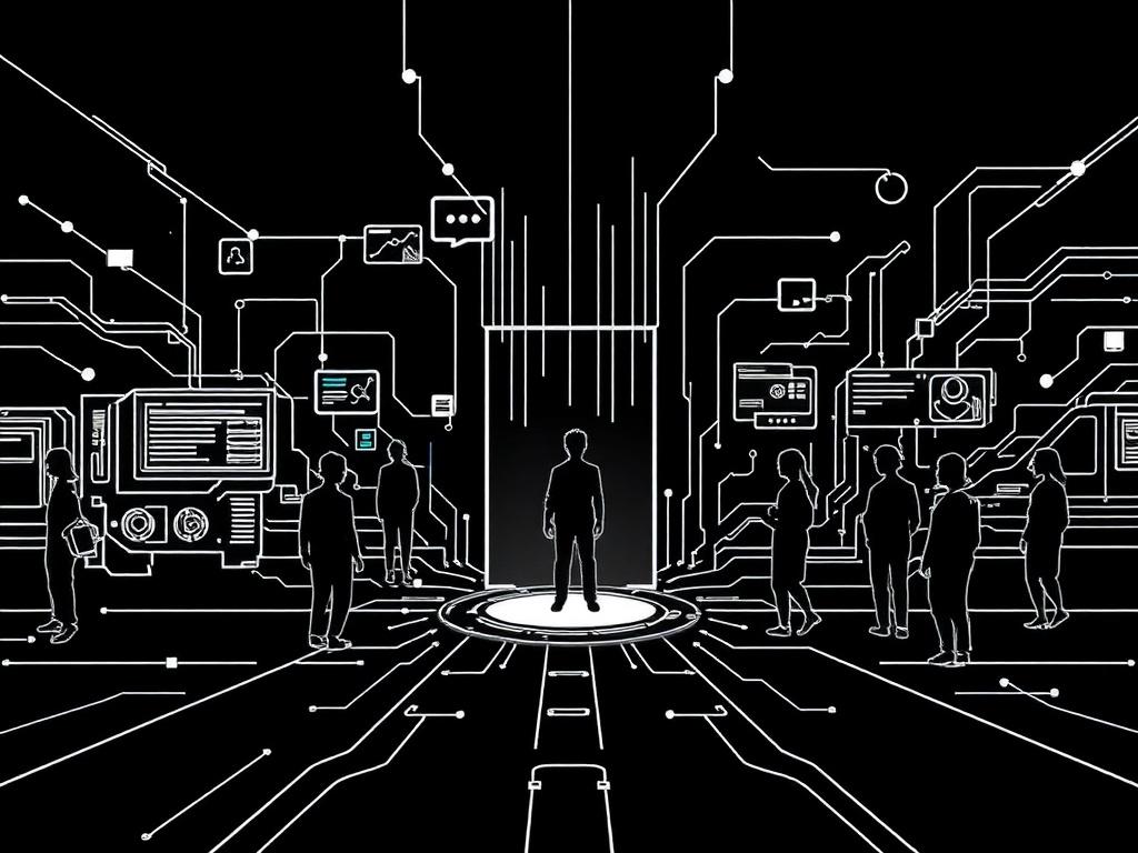 A high-quality illustration depicting a futuristic system creating customers one after another. The scene should feature a sleek black background with a dynamic flow of digital elements and silhouettes representing customers being generated. The composition should be simple, focusing on the system's mechanics, with a single central figure representing a customer emerging from the system. The overall style should be crisp, solid black line drawing, embodying innovation and efficiency in customer generation.