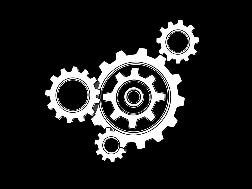 A high-quality illustration featuring a simple, clear composition of gears moving to symbolize automation. The background should be black, creating a striking contrast with the white line drawing of the gears. The gears should be interlocking, showcasing motion and the concept of automation, with no humans present in the image.