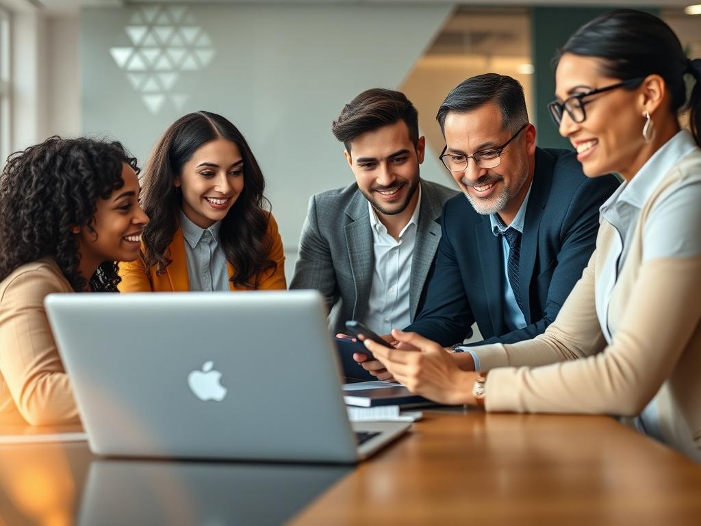 A hyper-realistic close-up shot of a diverse team of marketing professionals collaborating over a digital marketing strategy, with laptops and digital devices in front of them. The setting is a modern office with geometric shapes and soft motion in the background. The team appears engaged and focused, showcasing a blend of creativity and technology in their work environment. The image should embody a professional yet approachable atmosphere, emphasizing teamwork and innovation.