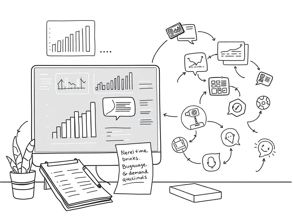 A crisp, solid black line drawing illustration depicting a marketing activation process. The scene should show a digital interface with charts and graphs, symbolizing real-time data analysis. Include elements like a notepad with handwritten notes representing buyer language and demand signals. In the background, show flowing arrows connecting conversations to marketing execution, with visual representations of blog posts, social media icons, and creative assets being generated.