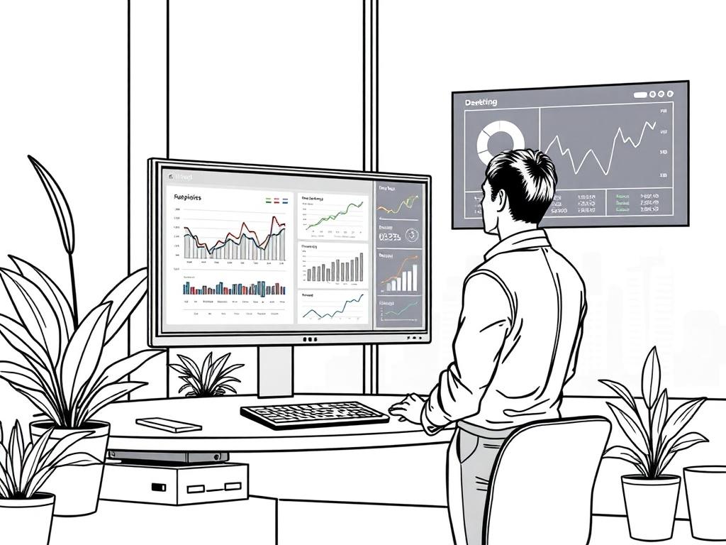 A high-quality illustration of a modern office environment featuring a single professional analyzing data on a large screen. The setting should be bright and inviting, showcasing charts and graphs displaying sales and marketing metrics. The individual is focused and engaged, dressed in business casual attire. The background should be simple, with a few plants and a window showing a cityscape. The illustration style should be crisp, solid black line drawing compatible with the #CFB07C primary color.
