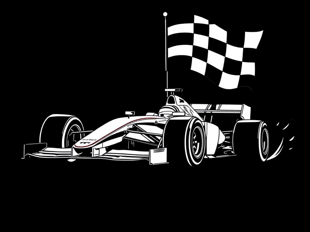 Dynamic illustration of a Formula 1 race car speeding toward a checkered flag on a black background, symbolizing speed, precision, and victory.