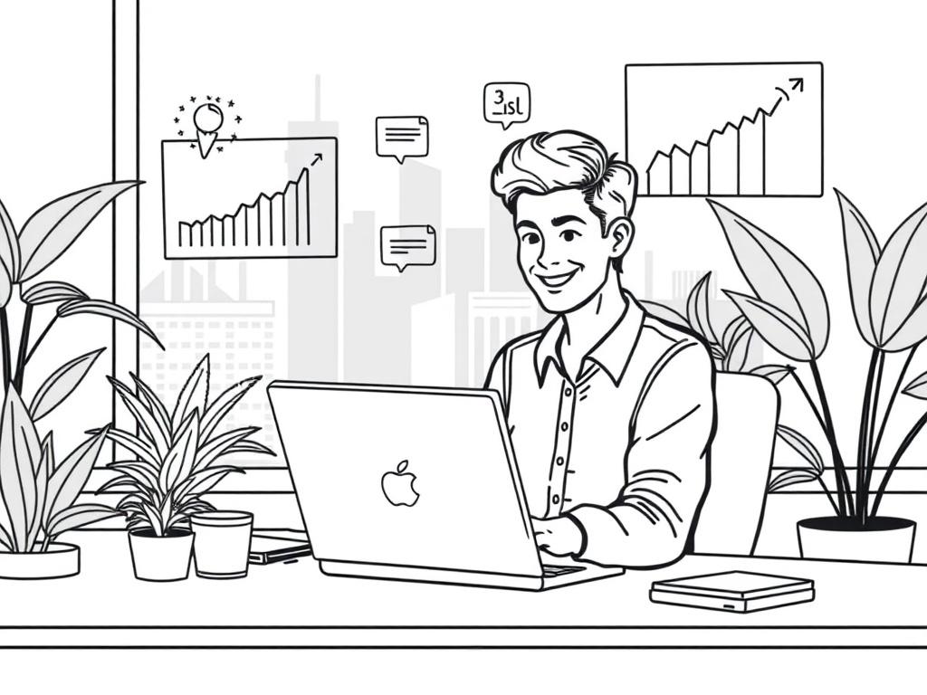 A single solopreneur working on a laptop in a modern office setting, surrounded by charts and graphs showing growth. The solopreneur is focused and engaged, with a warm smile. The office is well-lit, with plants in the background and a clear view of a city skyline through a window. The composition is simple, emphasizing the solopreneur and the tools they are using to build their personal brand and lead generation efforts.
