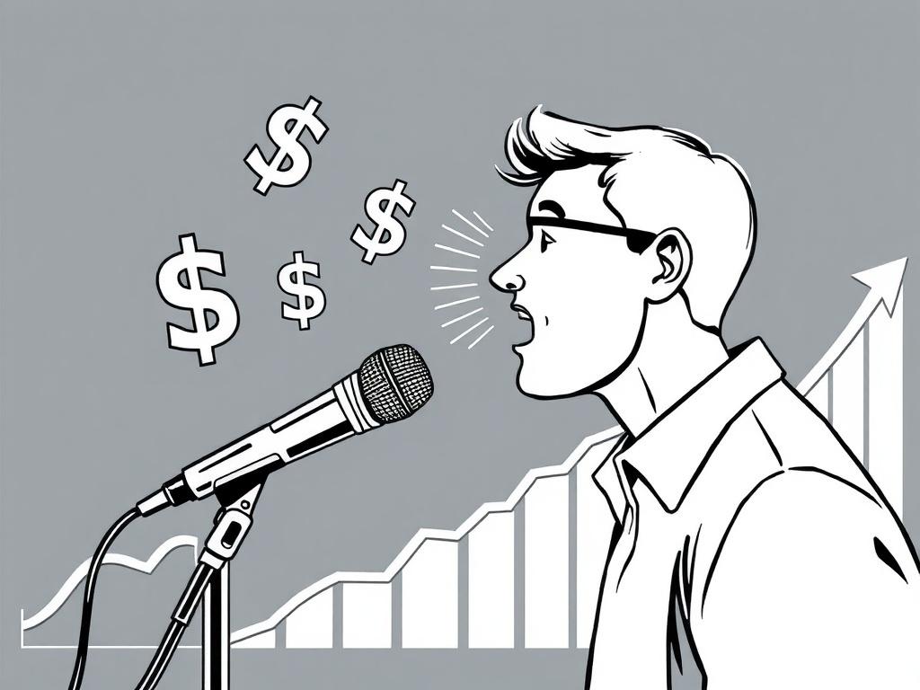 A high-quality illustration depicting a person speaking into a microphone, with soundwaves transforming into dollar signs. The background features a stylized representation of a graph showing upward trends, symbolizing growth and conversion. The overall composition should be clear and focused, emphasizing the transformation of conversation to customer engagement.