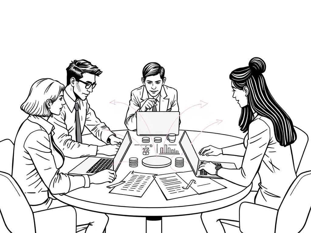 A high-quality illustration showing a team of diverse professionals collaborating around a table with laptops and documents. Arrows indicate the flow of information between sales and marketing icons. The background should be minimalistic, emphasizing teamwork and synergy in business operations.