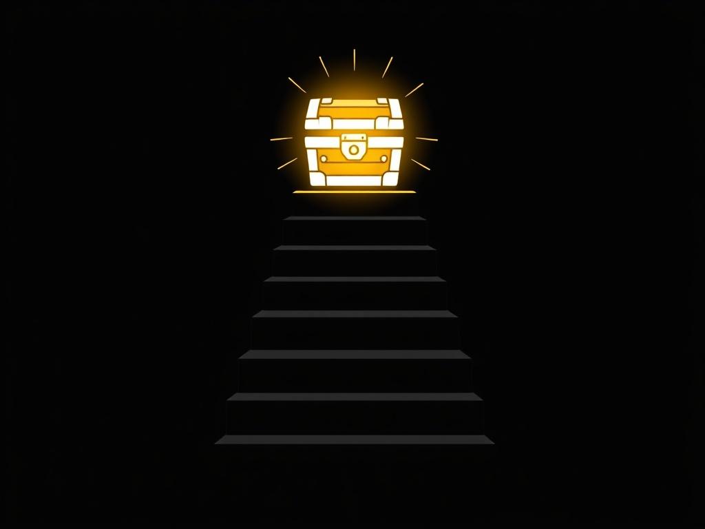 Create a high-quality illustration depicting a dark background with a pathway of steps leading towards a glowing treasure chest symbolizing value. The steps should be clearly defined and gradually ascending towards the chest, which should emit a warm, inviting light. The overall composition should be simple and clear, emphasizing the journey towards achieving value.