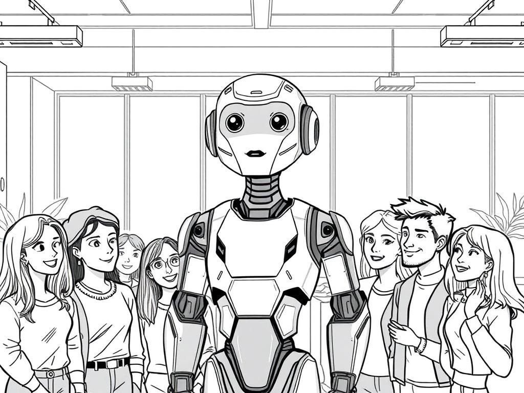 Create a high-quality illustration depicting a futuristic robot interacting directly with a diverse group of engaged customers in a bright, modern setting. The robot, designed with sleek, metallic features and friendly expressions, stands prominently in the center of the composition, embodying the concept of AI in customer engagement. Surrounding the robot are customers of various demographics—different ages, genders, and ethnicities—who are showing expressions of curiosity and excitement as they engage wit