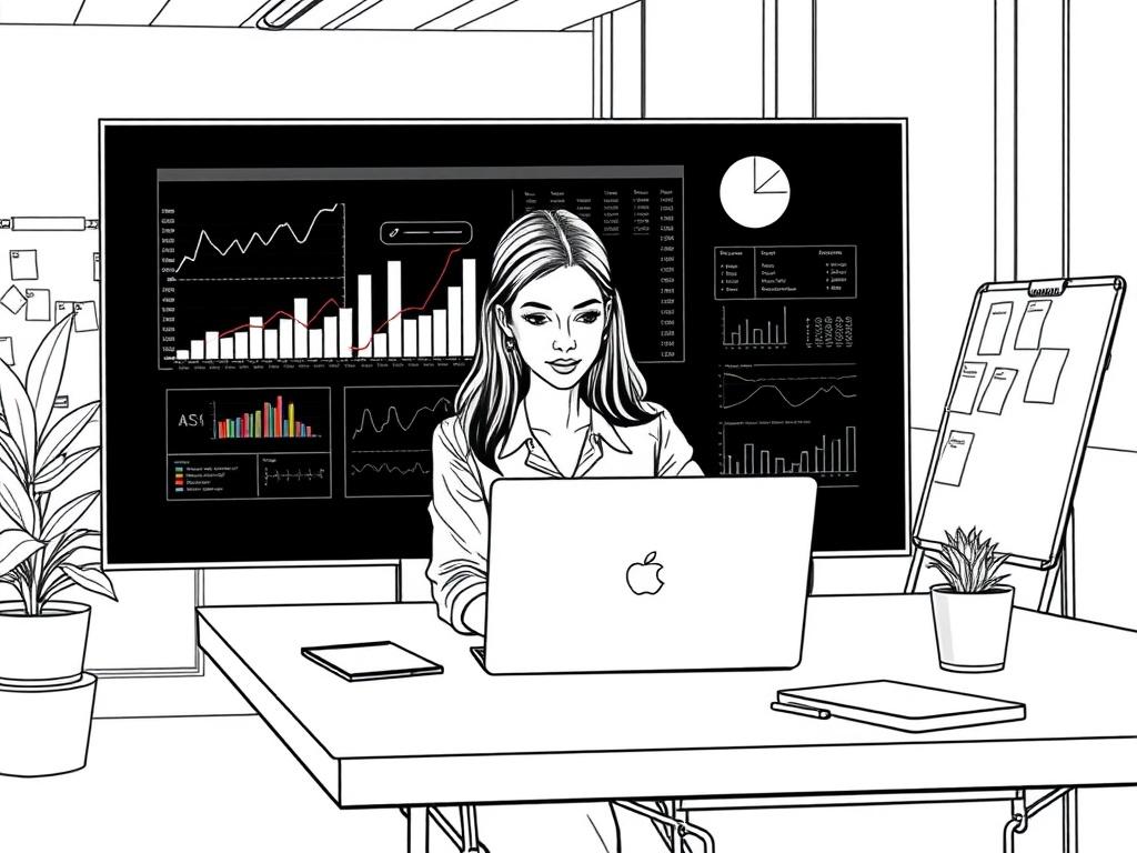 **Prompt for AI Image Generator:**

Create a high-quality illustration depicting a single, focused subject: a professional woman in a modern office environment, seated at a sleek desk. She is intently working on a laptop, surrounded by charts and analytics displayed on a large monitor in the background, symbolizing AI marketing tools and data analysis. The woman has a look of determination and concentration as she navigates through the digital interface.

The composition should be simple and clear, with the