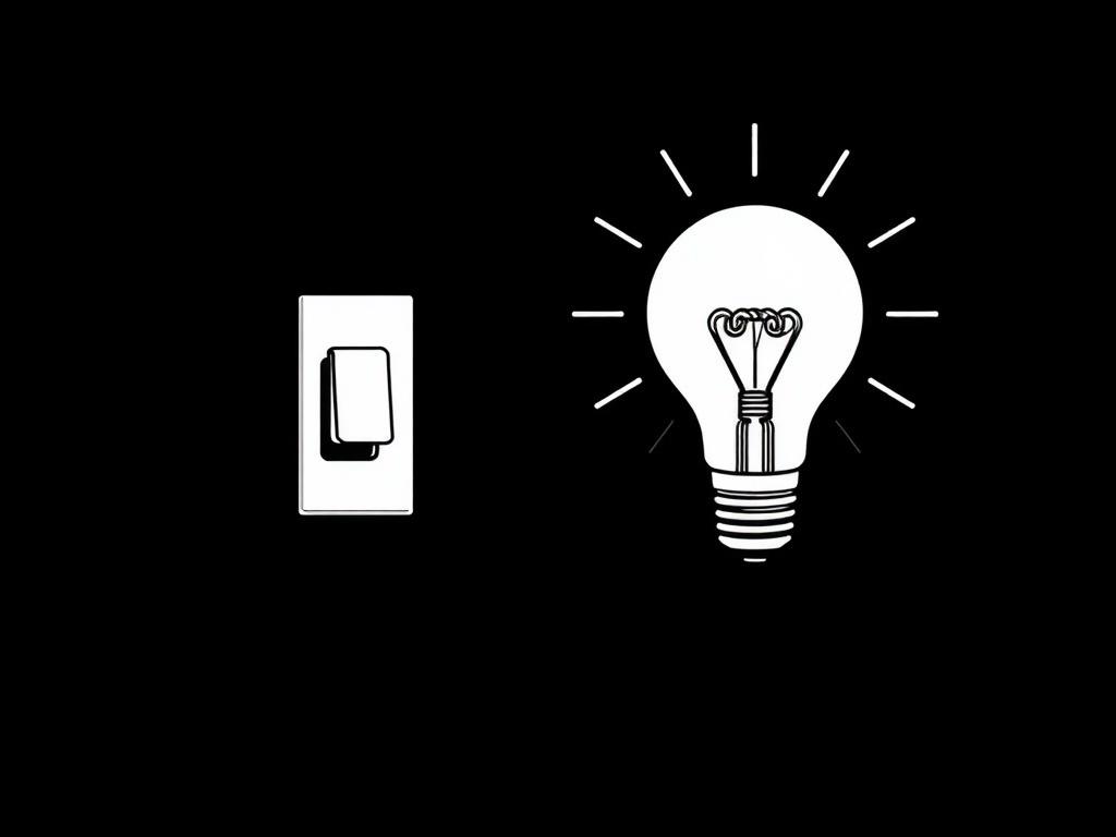 Minimalist illustration of a light switch transitioning to a glowing AI bulb, symbolizing the shift from traditional sales and marketing methods to AI-driven automation.