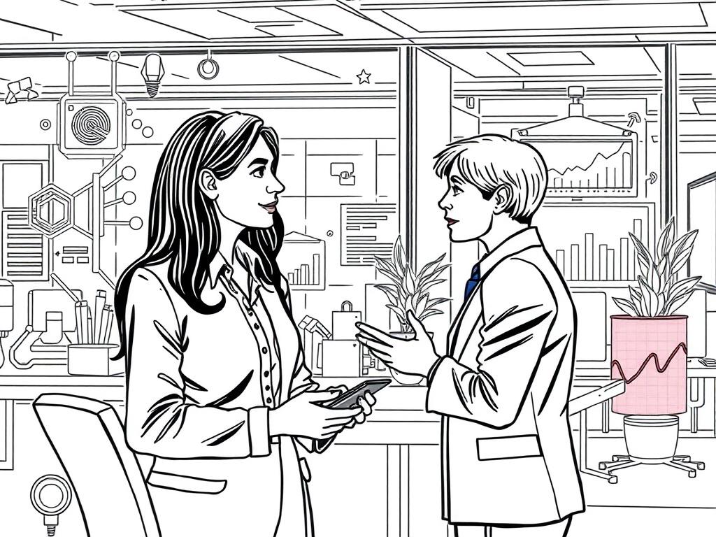 A crisp black line drawing illustration featuring a business professional engaged in a conversation with a customer, surrounded by digital elements representing AI and data analytics. The composition should focus on the interaction, with a background depicting a modern office environment, emphasizing a blend of human connection and technology.
