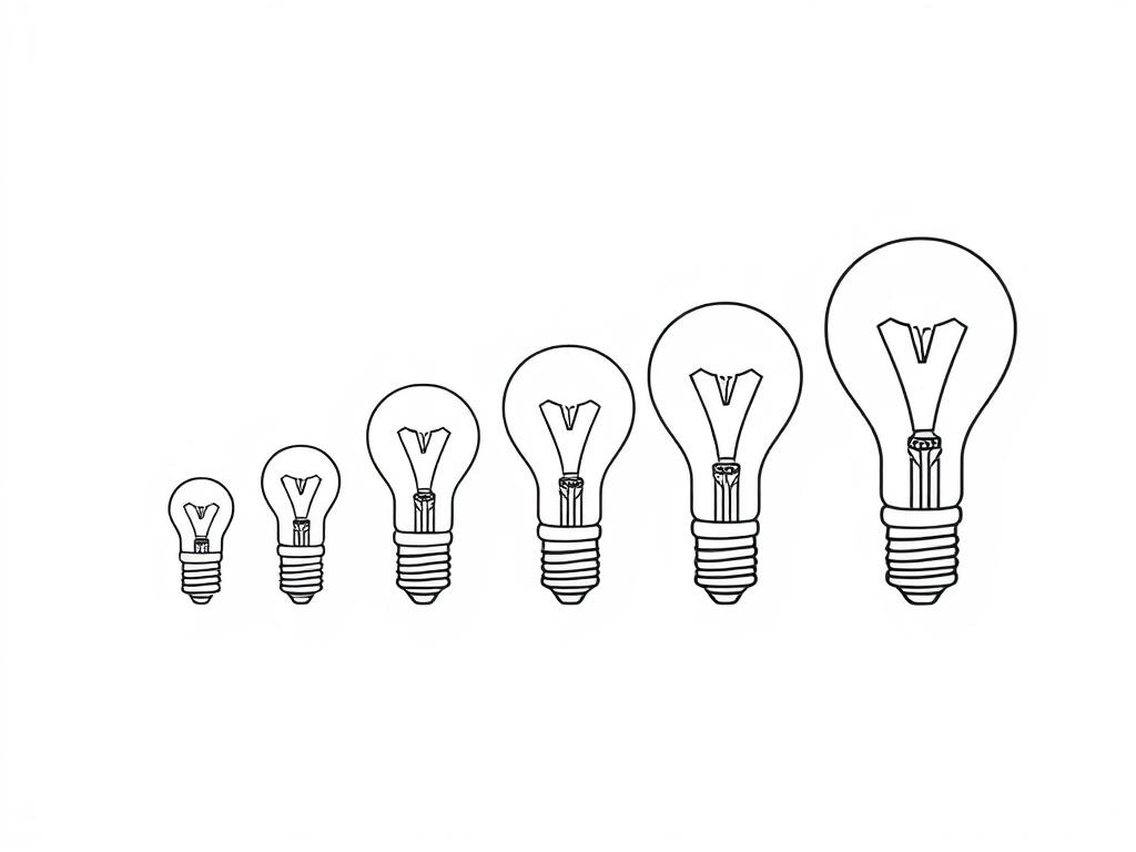A series of lightbulbs getting bigger from left to right, symbolizing growth and ideas. The background is white, creating a clean and simple composition. There are no humans or other distractions in the image, focusing solely on the lightbulbs.