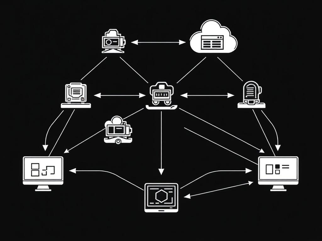A high-quality illustration showcasing a seamless orchestration of workflows across different systems, featuring interconnected lines and arrows representing sales, marketing, and operational systems. The background should be black to enhance the visibility of the crisp, solid black line drawings, illustrating the flow of tasks, data, and updates moving automatically between interconnected nodes.