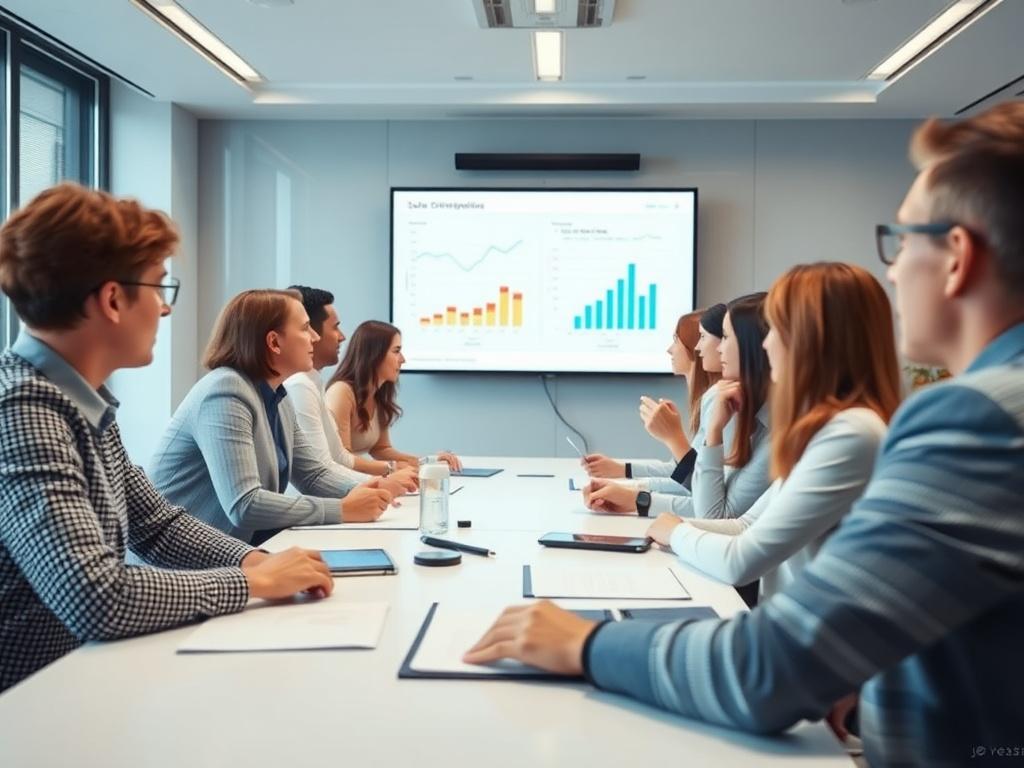 A high-resolution image of a sales team meeting in a modern conference room. The team should be actively discussing strategies, with charts and graphs projected on a screen. The atmosphere should feel collaborative and energetic, highlighting engagement and teamwork. Soft motion in the image should suggest dynamic conversation.