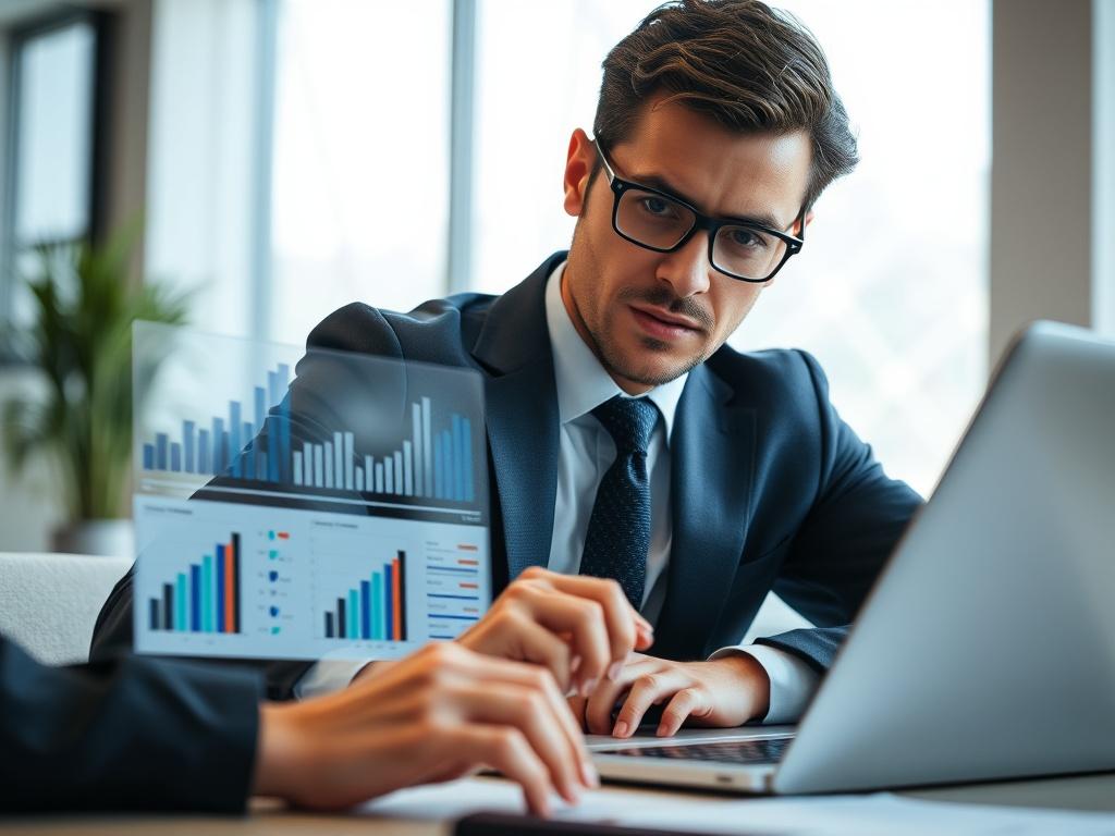 A close-up shot of a business professional analyzing data charts and graphs on a laptop. The setting should feature a clean, modern office environment with soft natural lighting. The subject should be focused on the screen, showing a sense of determination and clarity. Include geometric patterns subtly in the background to emphasize a modern feel.