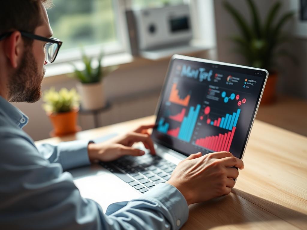 An image depicting a marketing professional working on a laptop, creating a digital marketing campaign. The setting should be a bright, modern workspace with vibrant visuals on the screen. Include elements like charts and social media icons in the background to represent digital marketing. The focus should be on creativity and engagement.