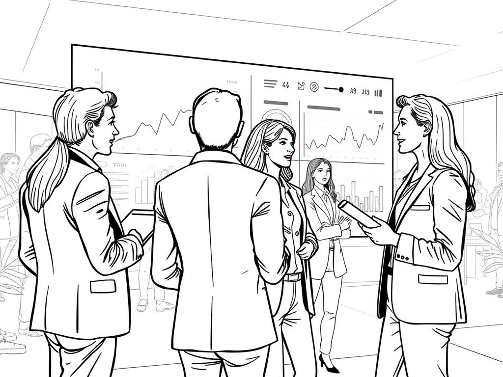 A sleek, modern illustration depicting an AI-driven sales activation system. The image shows a digital dashboard with graphs and metrics, symbolizing data analysis. In the background, a team of diverse sales professionals engages in conversations, with one person using a tablet. The environment is bright and professional, reflecting a dynamic sales atmosphere. The colors should primarily be black and white, aligning with the solid black line drawing style.