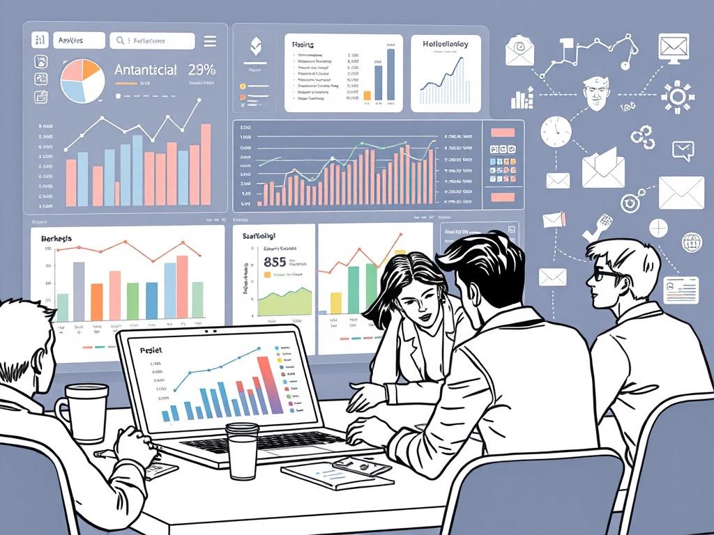 An engaging illustration showcasing a marketing automation dashboard filled with colorful graphs and analytics. In the foreground, a marketer is seen analyzing data on a laptop, while diverse team members strategize around a table. The background features icons representing various marketing channels like social media, email, and content. The overall tone is professional and collaborative, rendered in crisp black line drawing style.