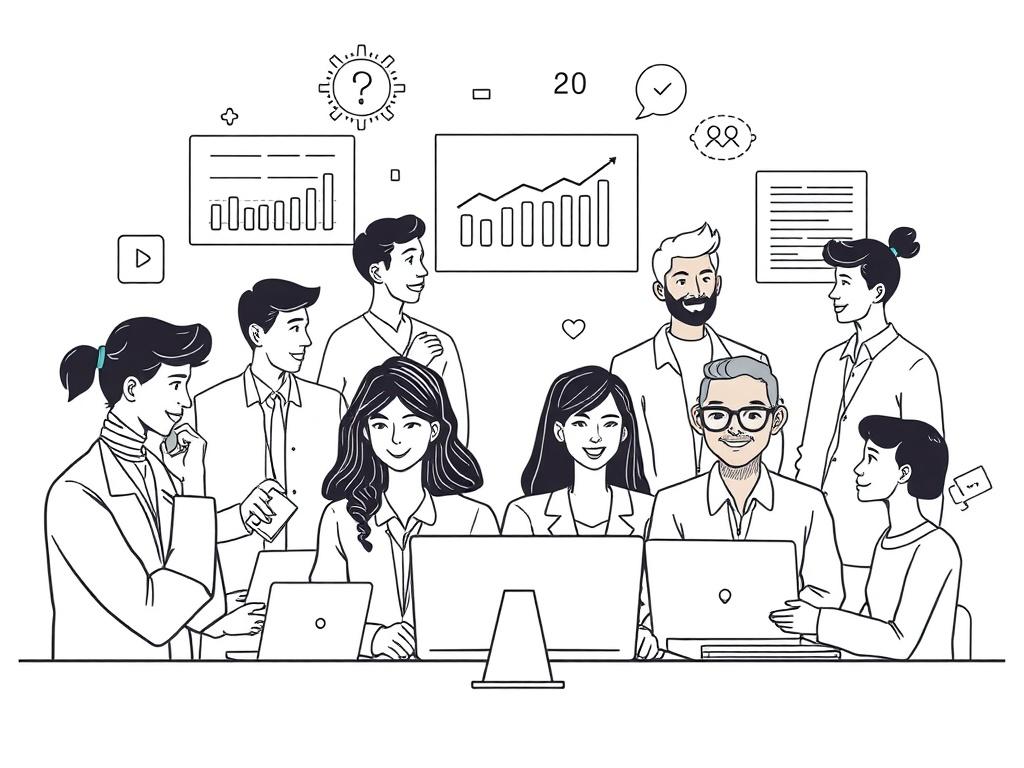 A captivating illustration depicting a customer relationship management scenario. The image shows a diverse group of professionals engaging with customers through various channels, such as phone calls and video chats. In the background, visual representations of customer satisfaction metrics and feedback forms highlight the importance of data-driven insights. The style is clean and professional, in solid black line drawing.