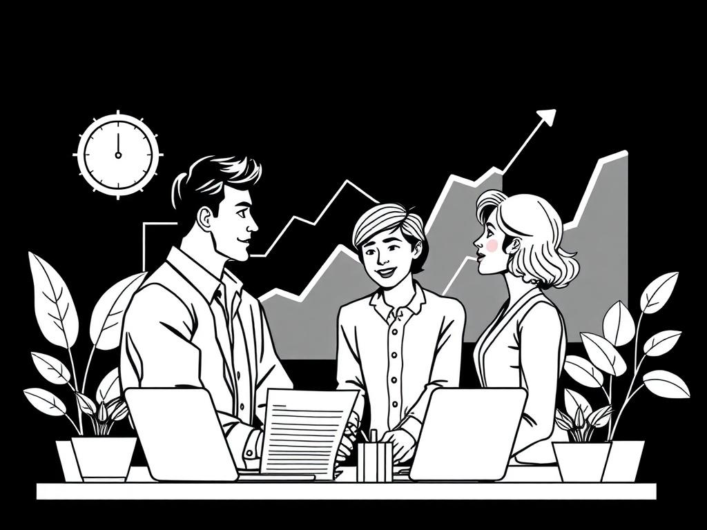 A high-quality illustration depicting a diverse sales and marketing team collaborating to boost revenue. The scene includes a man and a woman engaged in a discussion, with charts and graphs in the background to symbolize growth in leads and sales. The setting is modern and professional, with a focus on teamwork and strategy. The background should be solid black to enhance the visibility of the characters and elements.