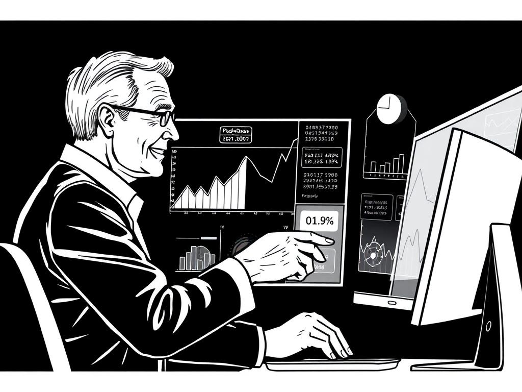 A high-quality illustration of a man in his 50s, working alongside a woman in a professional setting. The man has a friendly yet stoic expression, engaging in a discussion while pointing at graphs displayed on a screen. The background is solid black to emphasize the figures and the data being analyzed. The composition should focus solely on the two individuals and the graphs, creating a clear and professional atmosphere.