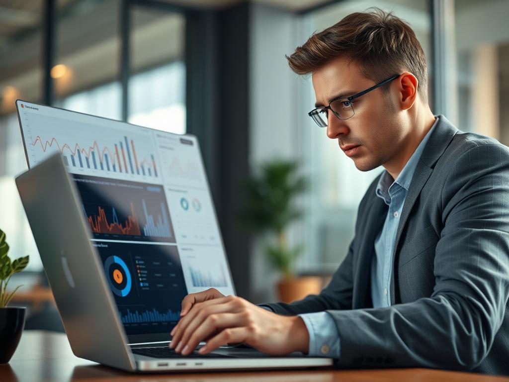 A hyper-realistic close-up shot of a business professional with a concerned expression, looking at a laptop screen displaying complex data and analytics charts. The background should be a modern office environment with soft, natural lighting, emphasizing a sense of urgency and concern about marketing performance. Focus on the subject's face and hands interacting with the laptop.