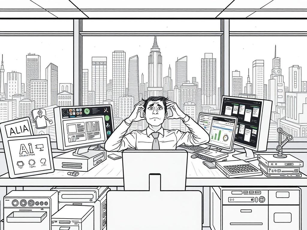 **AI Image Generation Prompt:**

Create a high-quality illustration that captures the concept of the "AI operationalization gap" in a corporate environment. The composition should feature a single, central subject: a frustrated business professional seated at a cluttered desk, surrounded by multiple digital devices displaying various AI tools and chaotic interfaces. The subject should appear overwhelmed, looking at the screens with a mix of confusion and concern, symbolizing the struggle to keep up with the