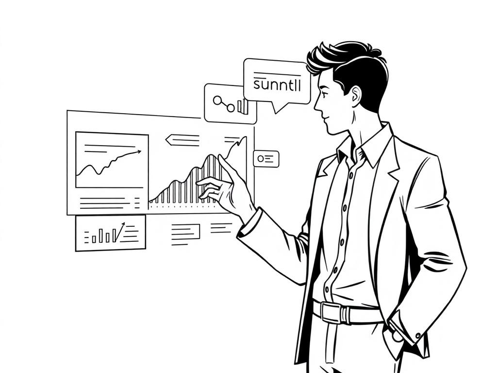 A clear, high-quality illustration depicting a single human figure actively engaging with a digital interface showing graphs and conversation bubbles. The figure should be in a business casual outfit, symbolizing a sales or marketing professional. The background should be minimalistic, focusing on the figure and interface, with solid black line drawings to match the #CFB07C primary color scheme.