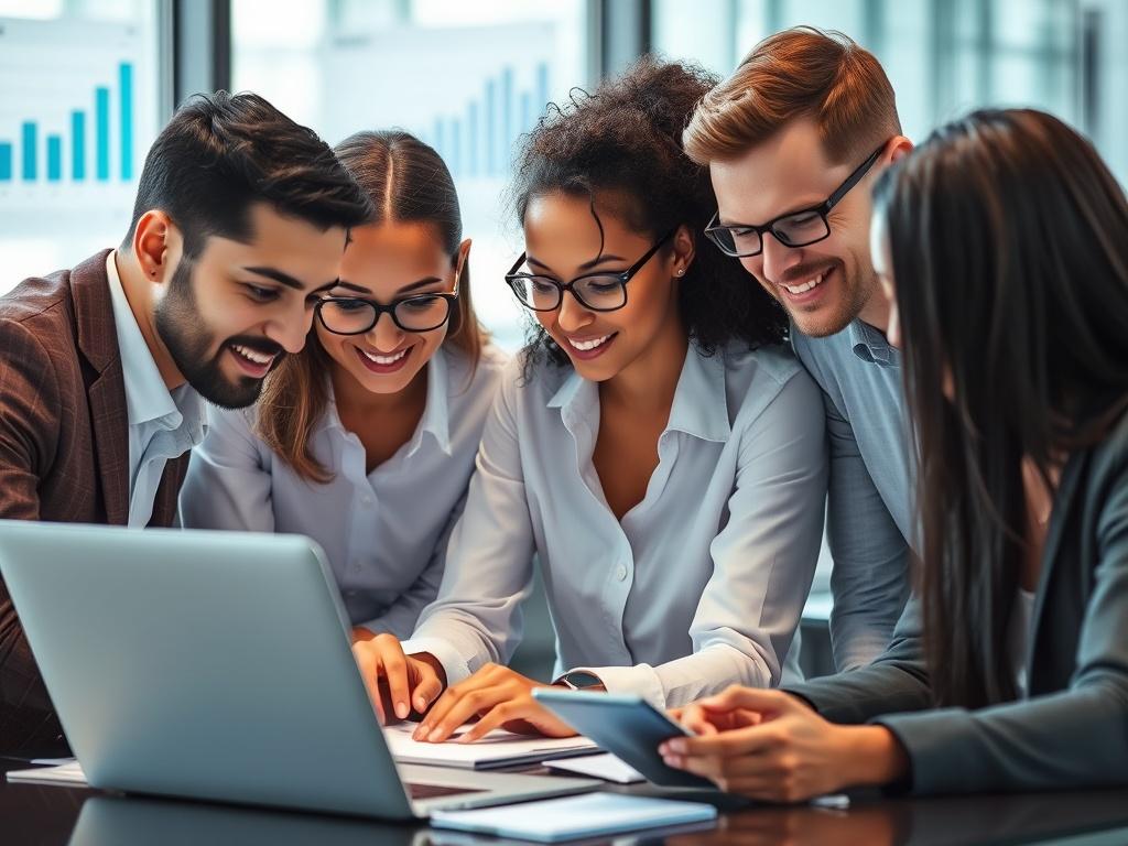 A hyper-realistic close-up shot of a diverse team of IT professionals collaborating on a project. The focus is on their engaged expressions and the technology they are using, with laptops, digital devices, and charts in the background. The setting is a modern office with a sleek design, emphasizing a professional and innovative atmosphere. The primary color of the image should be in the rgb(50, 170, 39) range, enhancing the overall theme of growth and success.