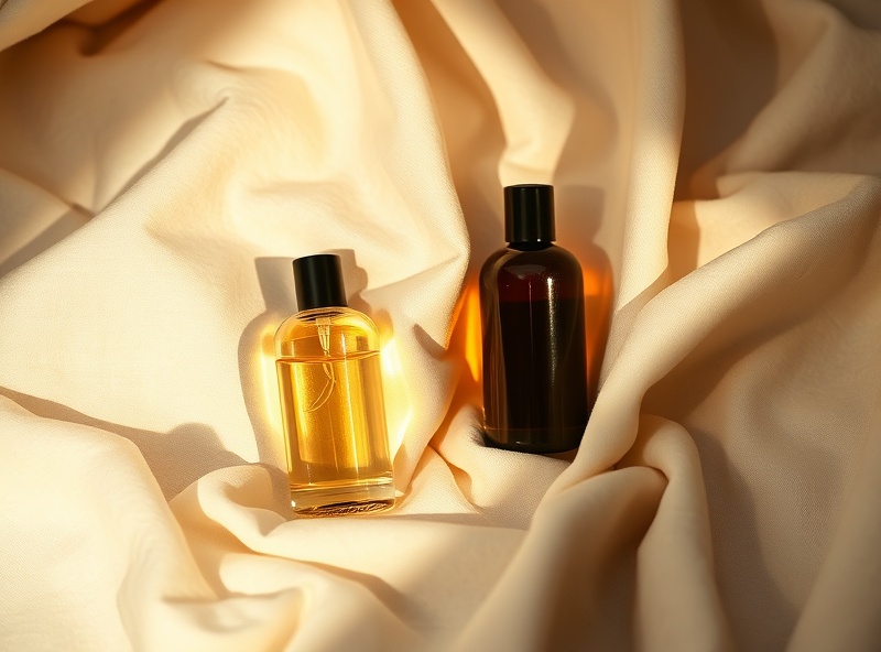 Aroma oil perfume bottles on soft linen