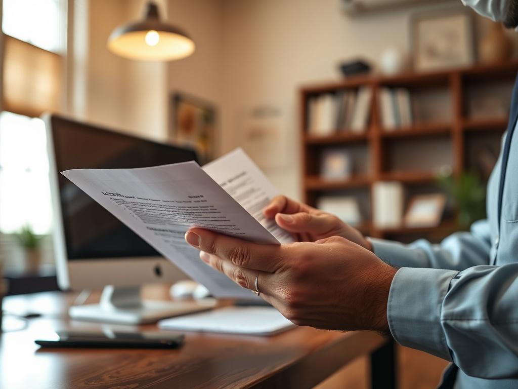 A realistic high-resolution close-up shot of a landlord reviewing eviction documents in a well-lit office environment. The focus is on the landlord's hands holding paperwork, with a computer in the background and a warm, inviting atmosphere. The color palette should harmonize with rgb(246, 209, 148), giving a professional yet approachable feel.