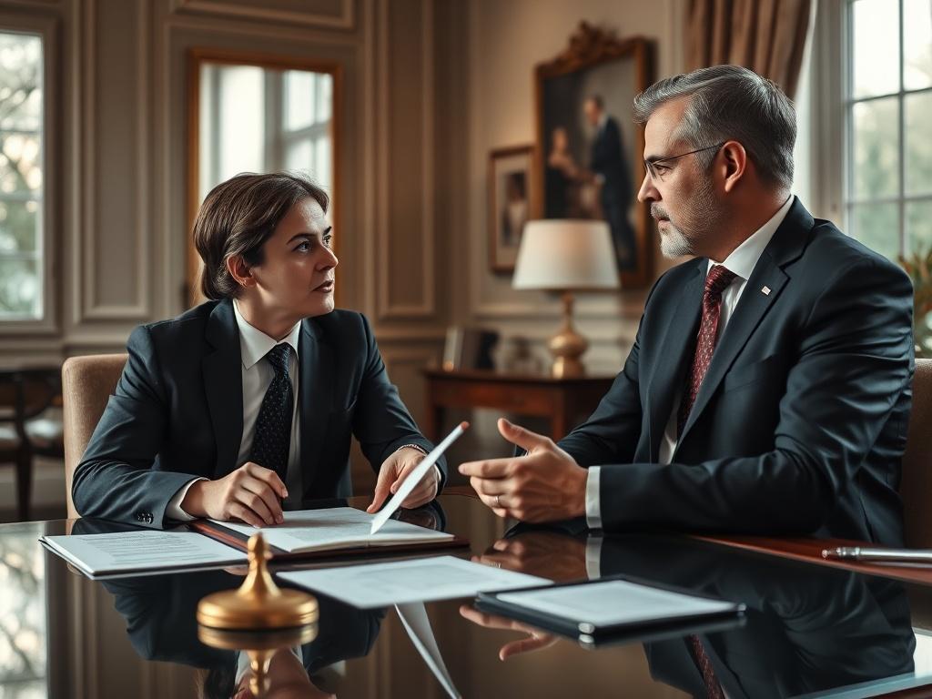 A realistic high-resolution close-up shot of a lawyer discussing eviction strategies with a landlord in an elegant office setting. The focus is on their engaged conversation, with legal documents on the table and a sense of professionalism in the air. The colors should complement rgb(246, 209, 148) to emphasize a trustworthy environment.