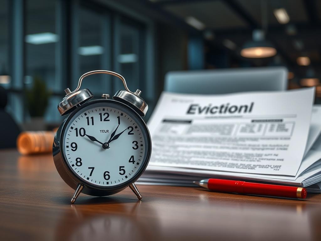 A realistic high-resolution close-up shot of a clock on a desk next to eviction documents, symbolizing urgency. The environment is a modern office with soft lighting, reflecting a sense of speed and efficiency. The color scheme should align with rgb(246, 209, 148) to maintain brand consistency.