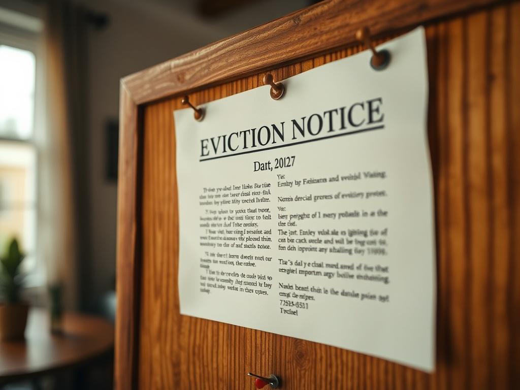 Create a realistic high-resolution close-up photo of a serious-looking eviction notice pinned to a wooden bulletin board. The eviction notice should be prominently displayed in the foreground, showcasing its details such as the header "Eviction Notice," date, and legal language, while maintaining clarity. The board should be rustic with a few rusty push pins and subtle signs of wear, emphasizing the weight of the eviction process. In the background, include a softly blurred home interior, giving a sense of 