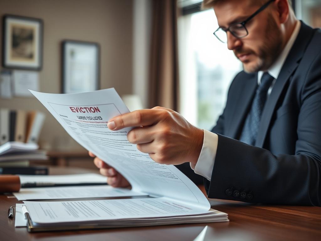 A close-up shot of a confident landlord reviewing legal documents in an office setting, with eviction notices and paperwork neatly organized on the desk. The background should be blurred to keep the focus on the landlord and documents, capturing a professional atmosphere.