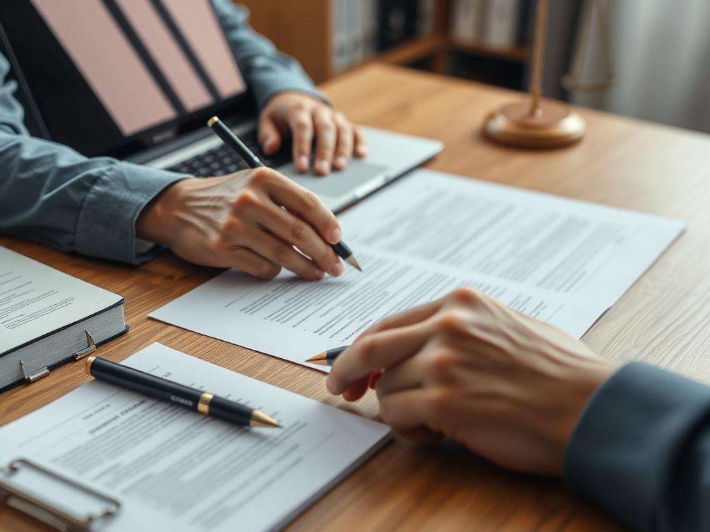 A close-up shot of a legal expert meticulously preparing eviction documents on a wooden desk, with a laptop, legal books, and a pen in the frame. The background should be softly focused to highlight the attention to detail in the documentation.