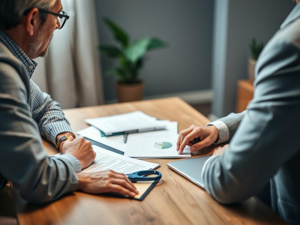 A close-up shot of a landlord and an eviction expert discussing the eviction process over a table, with documents and a laptop present. The background should be softly blurred to keep the focus on their conversation and the materials.