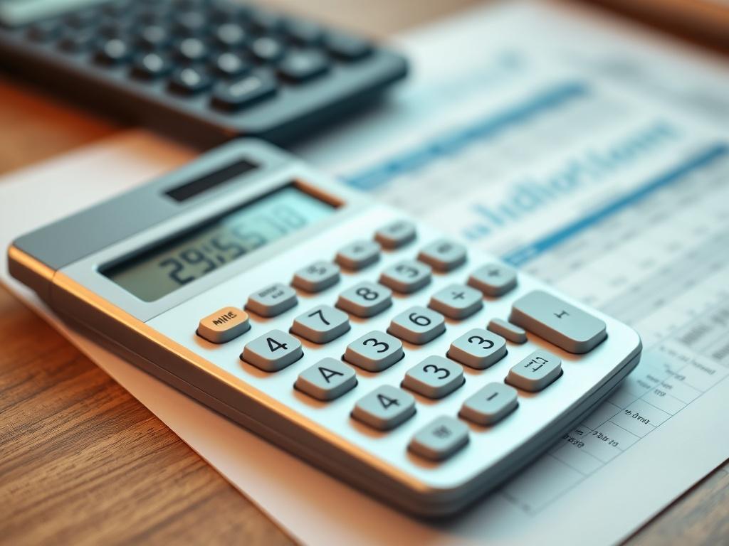 A close-up shot of a calculator and documents on a desk, symbolizing clear financial planning, with a focus on the calculator's display showing budget numbers, captured with a 45mm f/1.2 lens.