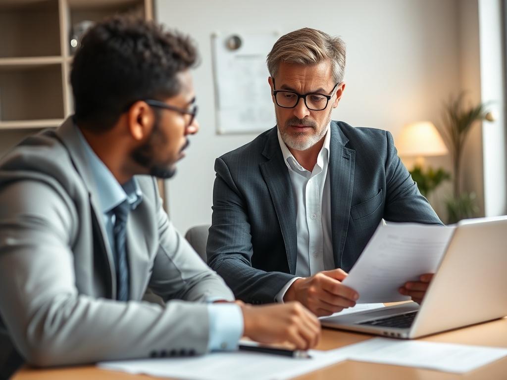 A close-up shot of a confident landlord reviewing eviction documents with a professional advisor in an office setting, showcasing a focused atmosphere with legal documents and a laptop on the table, captured with a 45mm f/1.2 lens.