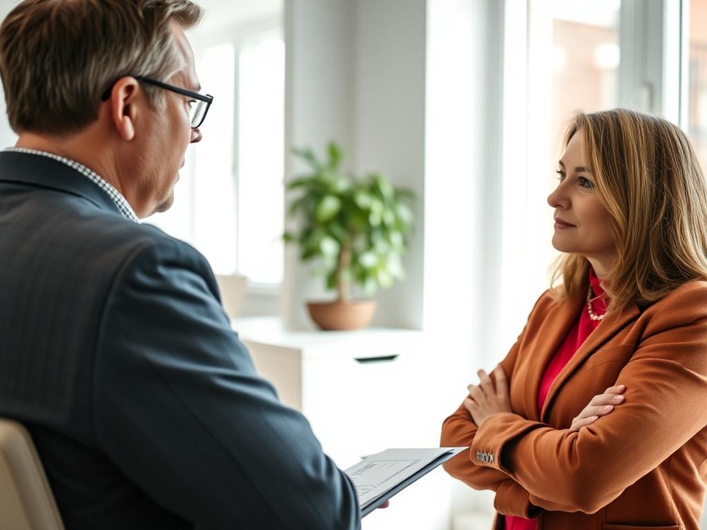 A close-up shot of a landlord engaged in a conversation with an eviction specialist, showcasing a supportive and informative interaction in a bright office environment, captured with a 45mm f/1.2 lens.